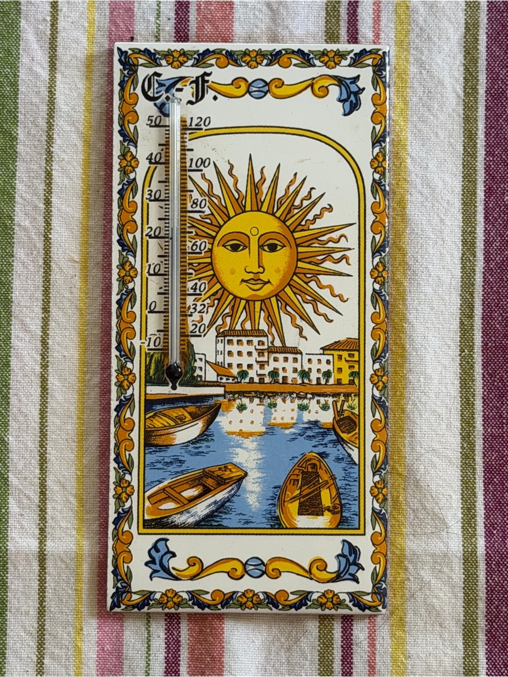 Decorative Sun & Harbor Ceramic Thermometer - Yellow Blue From Spain